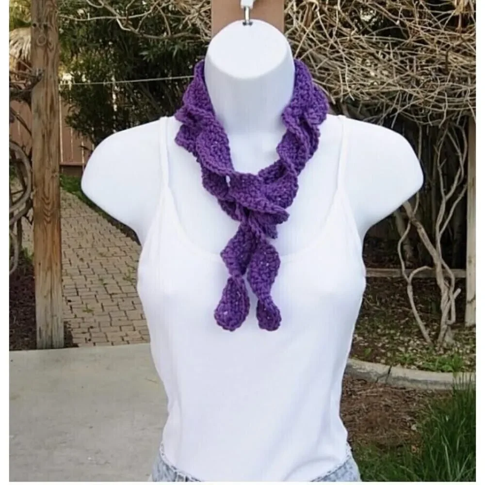 Handmade Crocheted Knit Spiral Scarf Neck Wrap Purple Shimmer Cotton Funky NEW